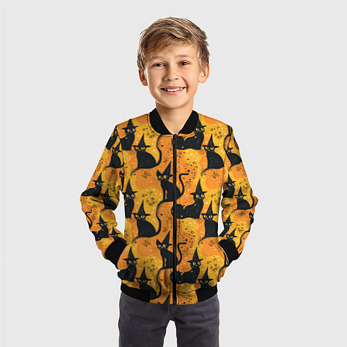 Детский бомбер Кошки в шляпах - паттерн / 3D-Черный – фото 3