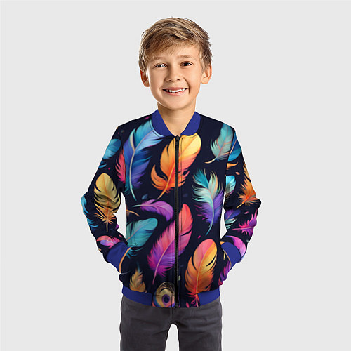 Детский бомбер Разноцветные переливающиеся перья / 3D-Синий – фото 3