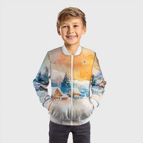 Детский бомбер Деревенский новогодний пейзаж / 3D-Белый – фото 3