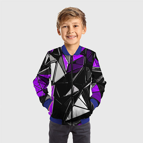 Детский бомбер Фиолетово-белые рельефные треугольники на чёрном ф / 3D-Синий – фото 3
