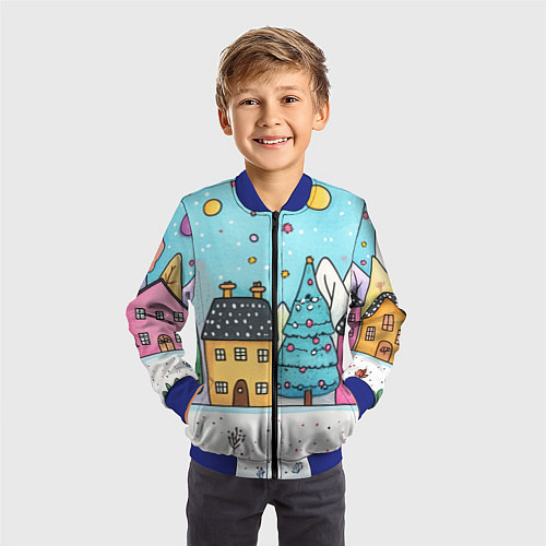 Детский бомбер Новогодние рисованные домики / 3D-Синий – фото 3