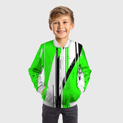 Детский бомбер Black and white vertical stripes on a green backgr / 3D-Белый – фото 3