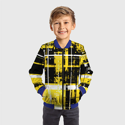 Детский бомбер Жёлто-белый гранж на чёрном фоне / 3D-Синий – фото 3