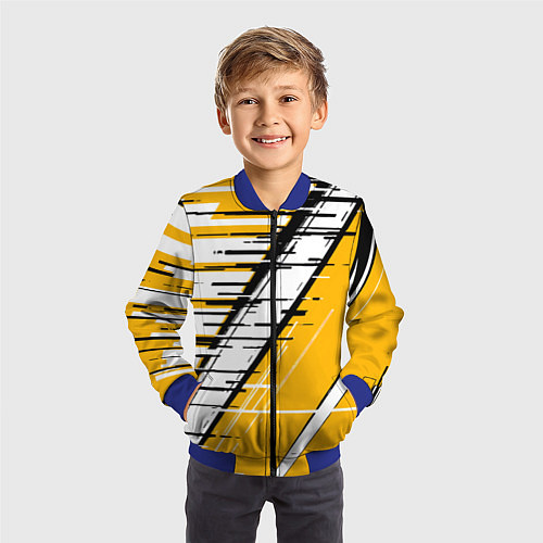 Детский бомбер Чёрно-белые глитч полосы на жёлтом фоне / 3D-Синий – фото 3