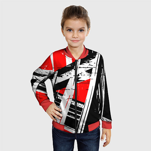 Детский бомбер Чёрно-белые абстрактные линии на красном фоне / 3D-Красный – фото 4