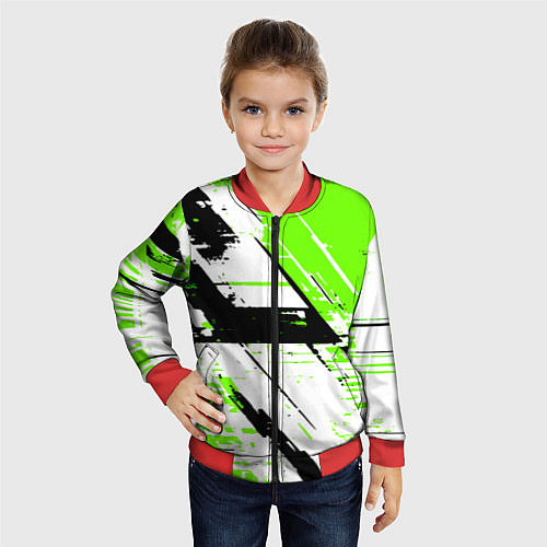 Детский бомбер Diagonal black and green stripes on a white backgr / 3D-Красный – фото 4