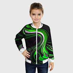 Бомбер детский Волнистые бело-зелёные линии на чёрном фоне, цвет: 3D-белый — фото 2