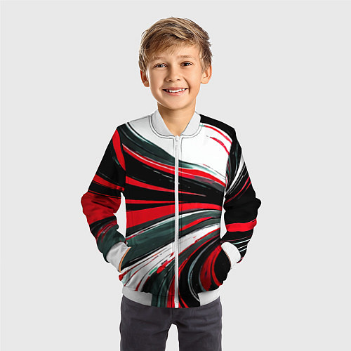 Детский бомбер Волнистые чёрно-красные линии на белом фоне / 3D-Белый – фото 3