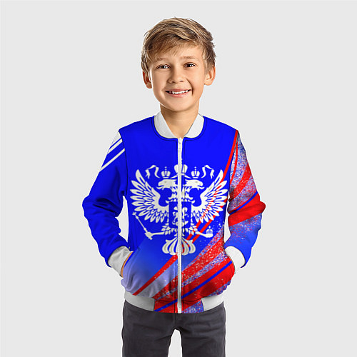 Детский бомбер Герб России на фоне цветов флага синий / 3D-Белый – фото 3