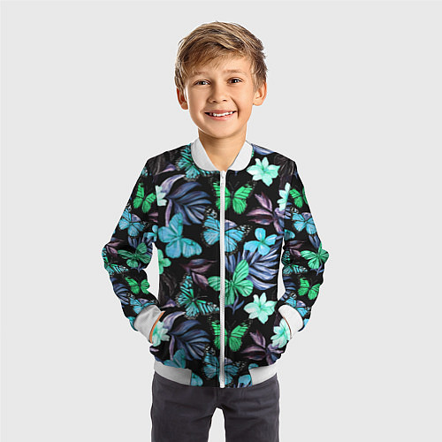 Детский бомбер Бабочки и тропические цветы на черном фоне / 3D-Белый – фото 3