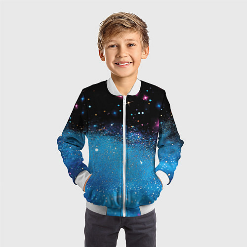 Детский бомбер Синяя текстура из блестящих звездочек / 3D-Белый – фото 3