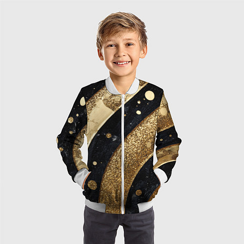 Детский бомбер Выпуклая золотая текстура на черном / 3D-Белый – фото 3