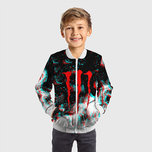 Детский бомбер Monster energy огонь глитч / 3D-Белый – фото 3