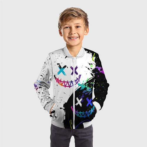 Детский бомбер Неоновые брызги - жуткие улыбки / 3D-Белый – фото 3