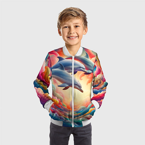Детский бомбер Три небесных дельфина - нейроарт фантазия / 3D-Белый – фото 3