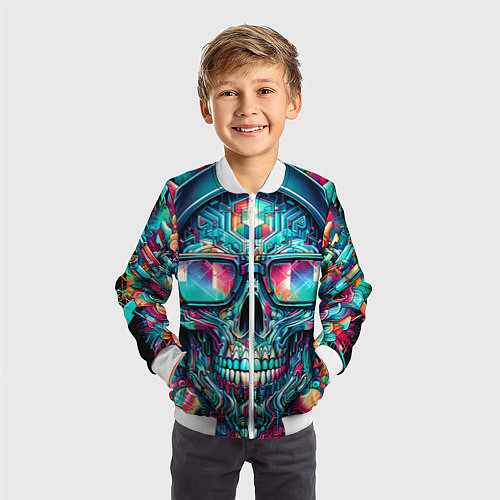 Детский бомбер Кибер череп в балахоне и очках - нейроарт фантазия / 3D-Белый – фото 3