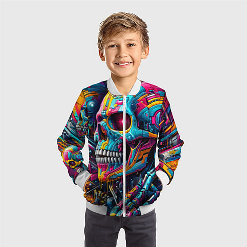 Детский бомбер Cyber skull - pattern / 3D-Белый – фото 3