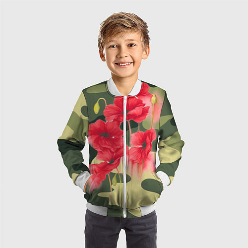 Детский бомбер Камуфляж с маками / 3D-Белый – фото 3