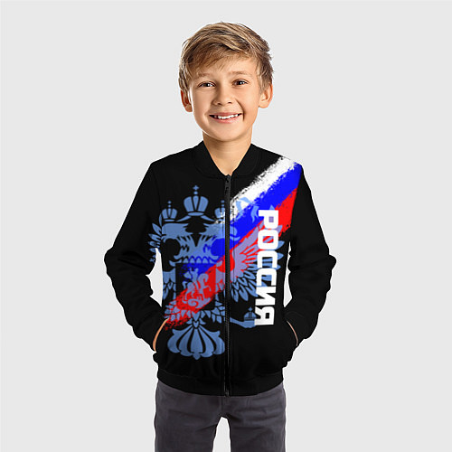 Детский бомбер Россия с флагом и гербом на чёрном фоне / 3D-Черный – фото 3