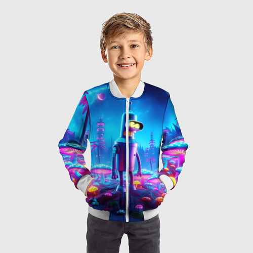 Детский бомбер Бендер на сказочной неоновой грибной планете - ней / 3D-Белый – фото 3