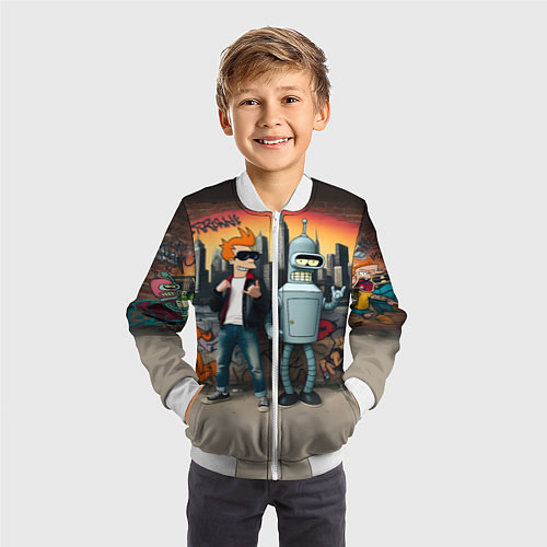 Детский бомбер Фрай и Бендер на фоне стены с граффити / 3D-Белый – фото 3
