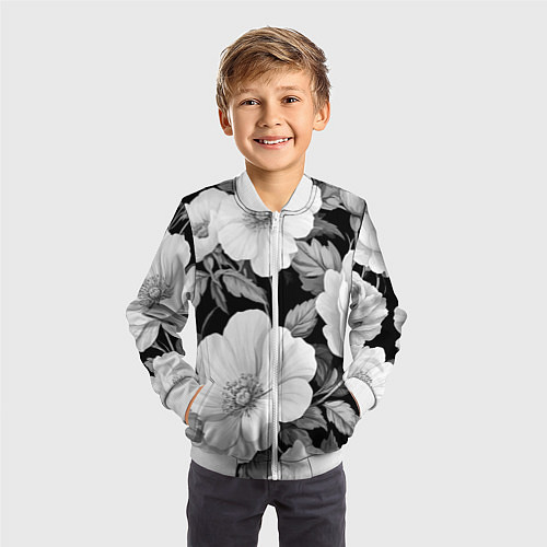Детский бомбер Чёрно-серый цветочный паттерн / 3D-Белый – фото 3