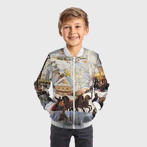 Детский бомбер Русская тройка зимой - картина Масленица Кустодиев / 3D-Белый – фото 3