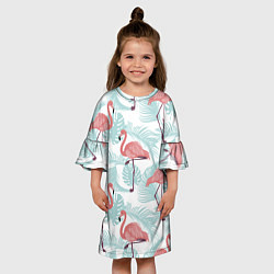 Платье клеш для девочки Узор фламинго и тропических растений, цвет: 3D-принт — фото 2