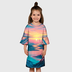 Платье клеш для девочки Извилистая река закат природа, цвет: 3D-принт — фото 2