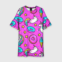 Платье клеш для девочки Единороги с пончиками, цвет: 3D-принт