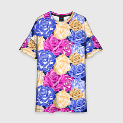 Платье клеш для девочки Неоновые бутоны роз, цвет: 3D-принт