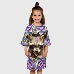 Платье клеш для девочки Енот среди цветов, цвет: 3D-принт — фото 2