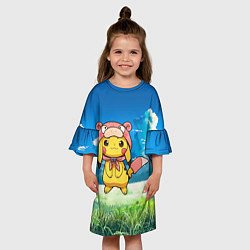 Платье клеш для девочки Пикачу на природе, цвет: 3D-принт — фото 2