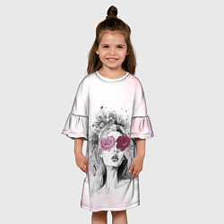 Платье клеш для девочки Девушка цветы акварель, цвет: 3D-принт — фото 2