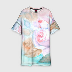Платье клеш для девочки Нежная акварель с розами, цвет: 3D-принт