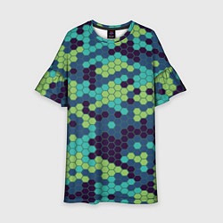 Платье клеш для девочки Зеленые соты в мозаике, цвет: 3D-принт