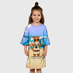 Платье клеш для девочки Тигр в отпуске на новый год на море, цвет: 3D-принт — фото 2