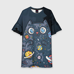 Платье клеш для девочки Космический кот в планетах, цвет: 3D-принт