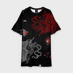 Платье клеш для девочки Китайский дракон Красно - Белый, цвет: 3D-принт