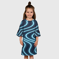 Платье клеш для девочки Неоновый свет Волны голубые на темном фоне, цвет: 3D-принт — фото 2