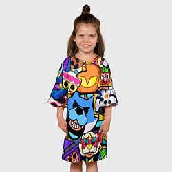 Платье клеш для девочки BRAWL Значки на скины бойцов Пины Бравл Старс, цвет: 3D-принт — фото 2