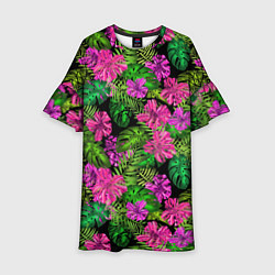 Платье клеш для девочки Тропические листья и цветы на черном фоне, цвет: 3D-принт
