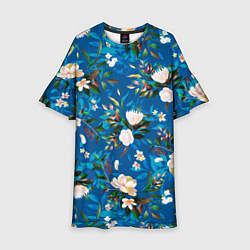 Платье клеш для девочки Цветы Синий Сад, цвет: 3D-принт