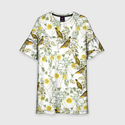 Платье клеш для девочки Цветы Жёлтые С Птицами, цвет: 3D-принт