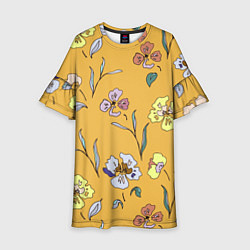 Платье клеш для девочки Цветы Нарисованные На Золотом Фоне, цвет: 3D-принт