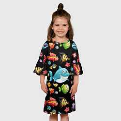 Платье клеш для девочки Прикольная акула и другие жители океана, цвет: 3D-принт — фото 2