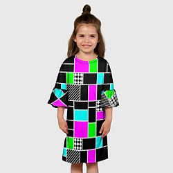 Платье клеш для девочки Неоновый геометрический узор на черном, цвет: 3D-принт — фото 2