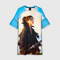 Платье клеш для девочки Девушка самурай и облака, цвет: 3D-принт