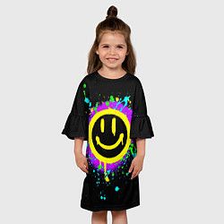 Платье клеш для девочки Смайлик - неоновые брызги, цвет: 3D-принт — фото 2
