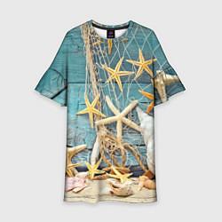 Платье клеш для девочки Натюрморт из сети, морских звёзд и ракушек - лето, цвет: 3D-принт